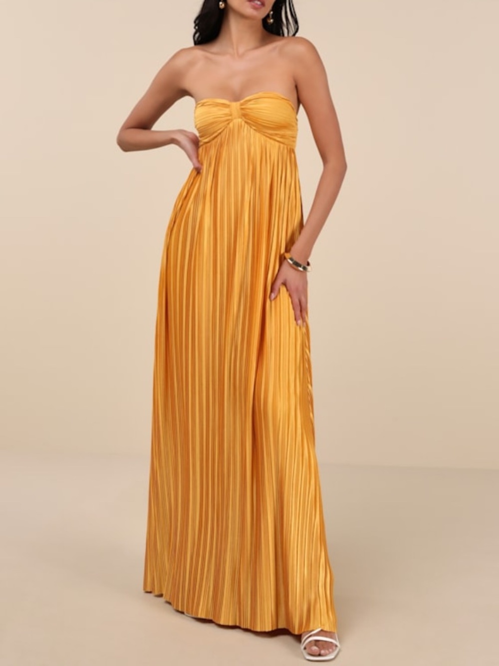 Lulus Whimsical Beauty Golden Yellow Satin Plisse Strapless Maxi Dress - Size S